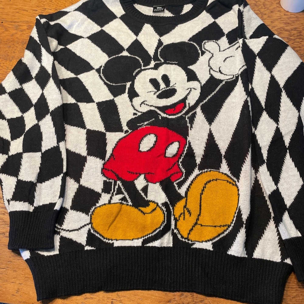 Disney Mickey Mouse Sweater Women's Large Checkered Black White Ladies Knit